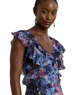 Women Lauren Ralph Lauren Print Ruffle-Trim Georgette Midi Dress