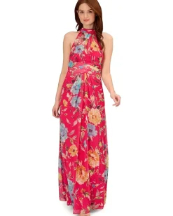 Women Adrianna Papell Printed Chiffon Mock Neck Halter Long Gown