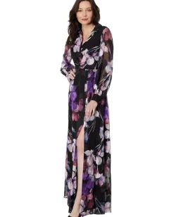 Adrianna Papell Printed Floral Long Sleeve Shirt Dress Gown Black Multi Outlet