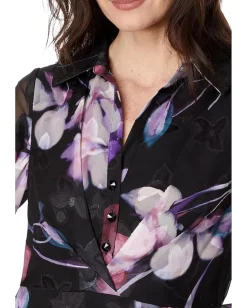 Adrianna Papell Printed Floral Long Sleeve Shirt Dress Gown Black Multi Outlet