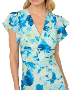 Adrianna Papell Printed Flutter Ankle Dress Blue Multi Discount