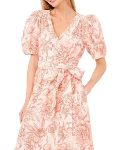 Women CeCe Printed Linen Puff Sleeve V-Neck Maxi Dress