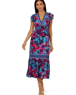 Adrianna Papell Printed Midi Dress Navy/Pink Multi Online