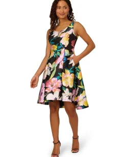 Adrianna Papell Printed Mikado Short Dress Black Multi Clearance