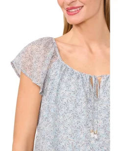 CeCe Printed Round Neckline Flutter Slv Top Blue Pearl New