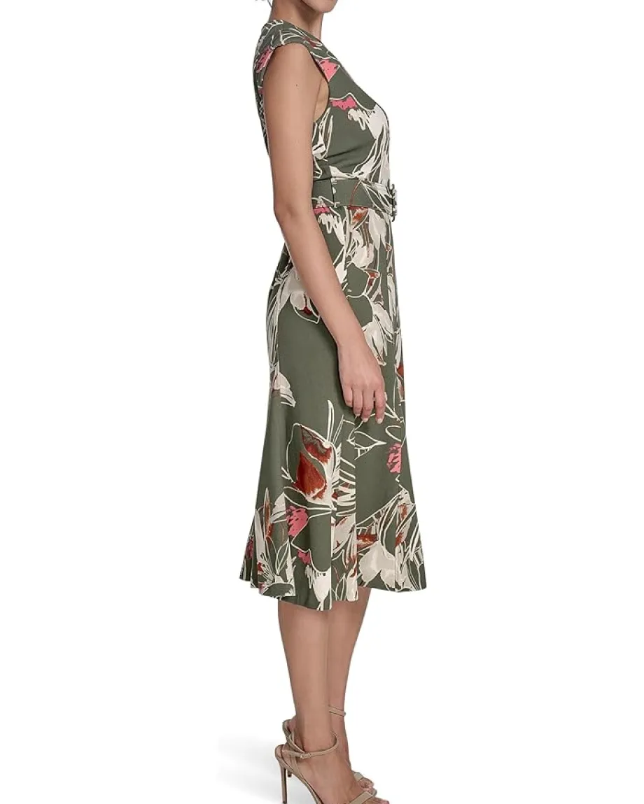 Calvin Klein Printed Scuba Crepe Belted Midi Antq/White/Multi Sale