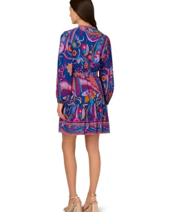 Adrianna Papell Printed Short Dress Blue Multi New