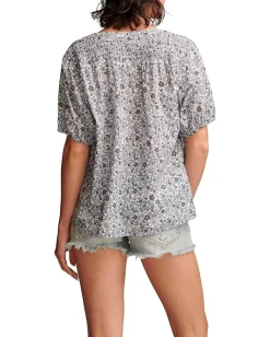 Lucky Brand Printed Smocked Shoulder Blouse Blue Multi Best