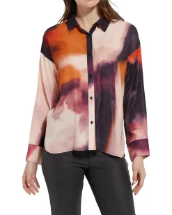 Lysse Printed Stitched Satin Shirt Experimantal Paint Clearance