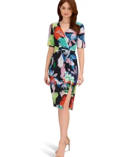 Adrianna Papell Printed Stretch Crepe Chiffon Short Sleeve Side Wrap Dress Dark Navy Multi Sale