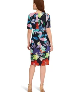 Adrianna Papell Printed Stretch Crepe Chiffon Short Sleeve Side Wrap Dress Dark Navy Multi Sale