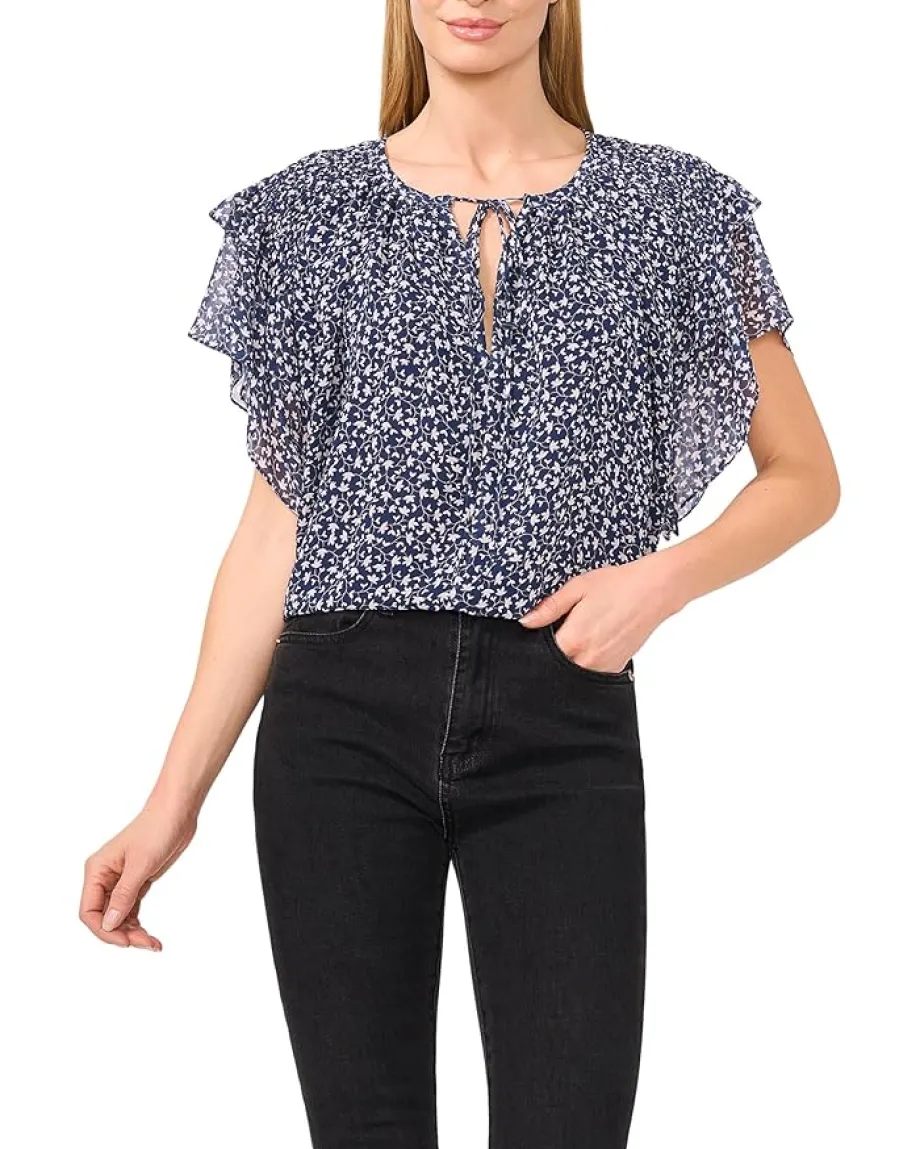 CeCe Printed Tie Neck Double Ruffled Sleeve Top Classic Navy Sale