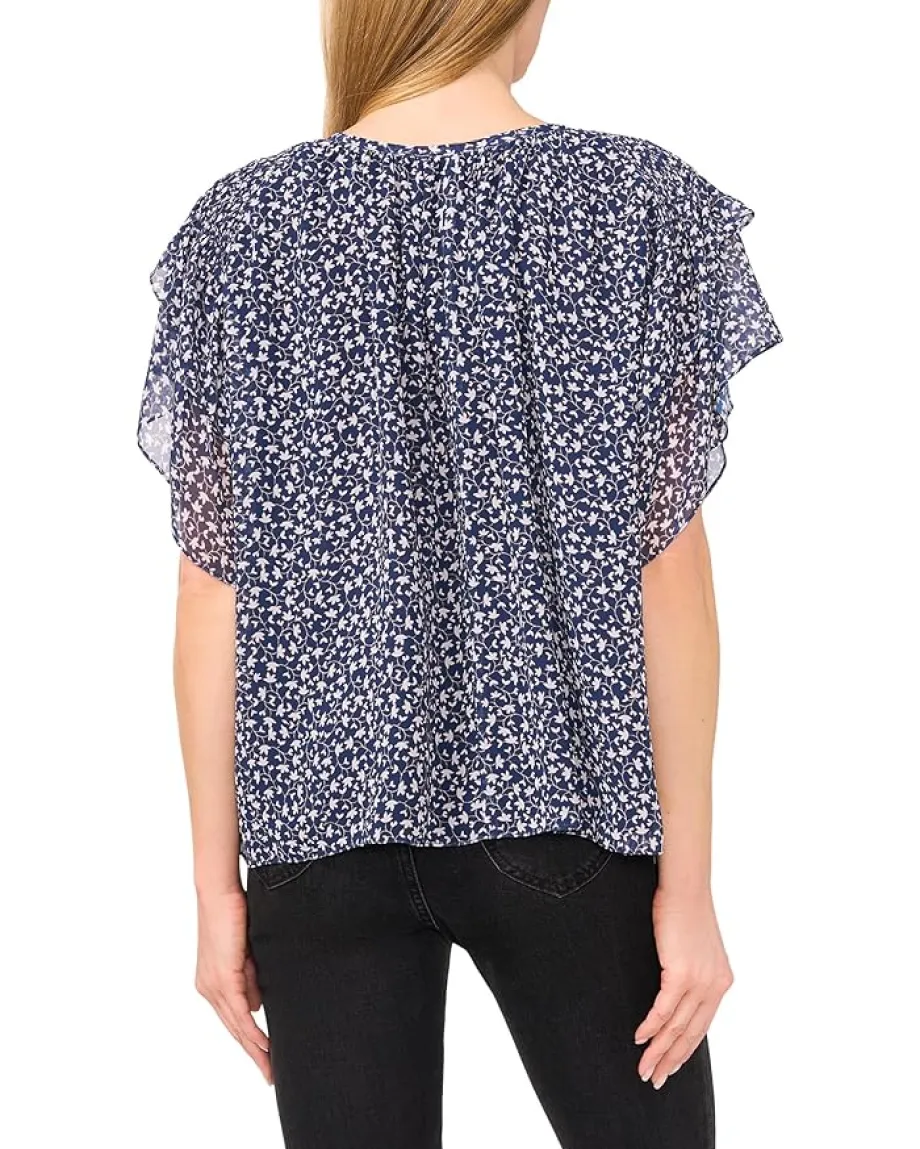 CeCe Printed Tie Neck Double Ruffled Sleeve Top Classic Navy Sale