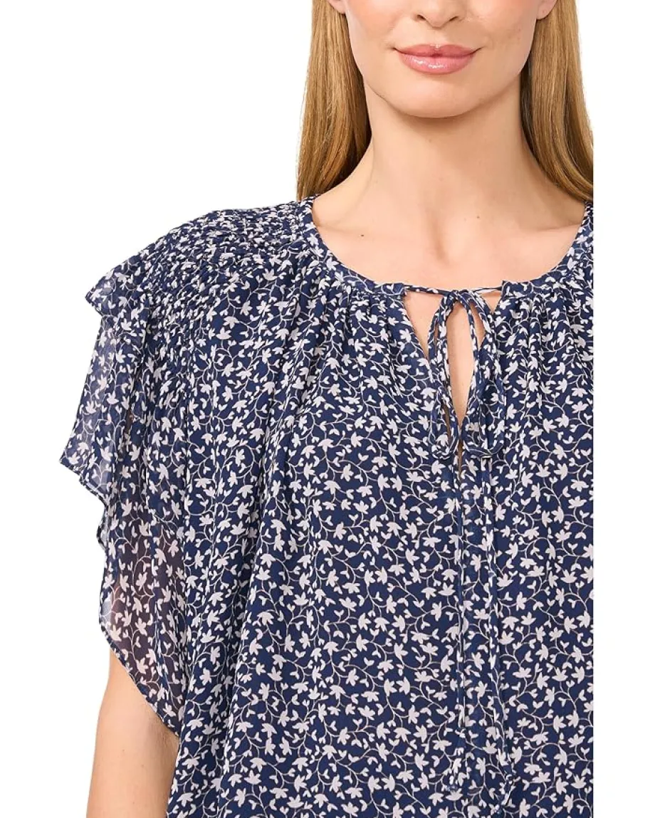 CeCe Printed Tie Neck Double Ruffled Sleeve Top Classic Navy Sale