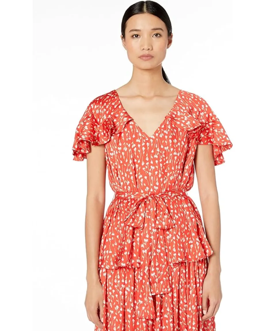ML Monique Lhuillier Printed Top with Ruffled Sleeves Cayenne Multi Best