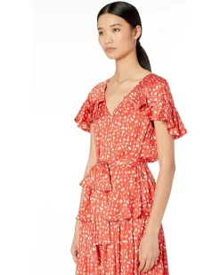 ML Monique Lhuillier Printed Top with Ruffled Sleeves Cayenne Multi Best