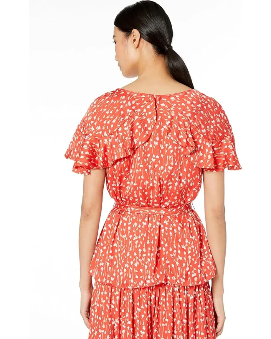 ML Monique Lhuillier Printed Top with Ruffled Sleeves Cayenne Multi Best