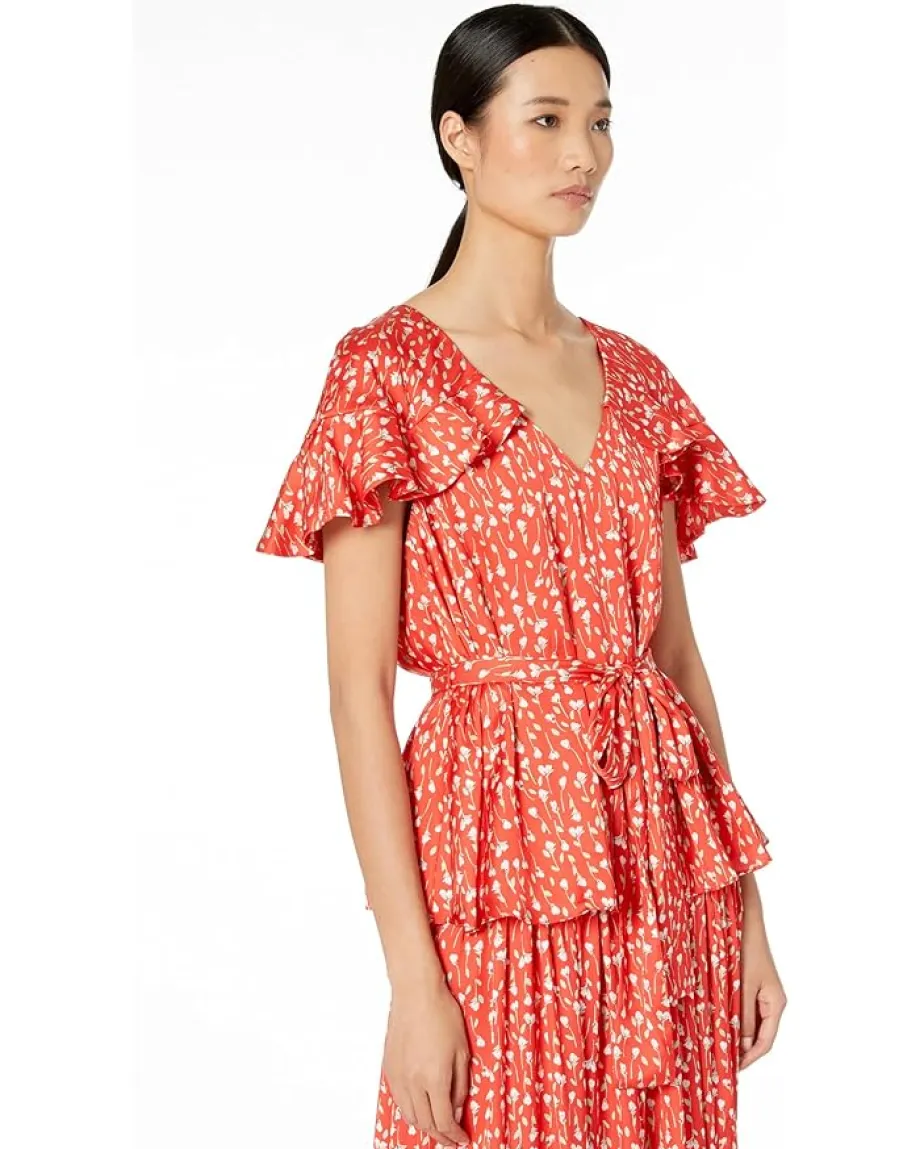 ML Monique Lhuillier Printed Top with Ruffled Sleeves Cayenne Multi Best