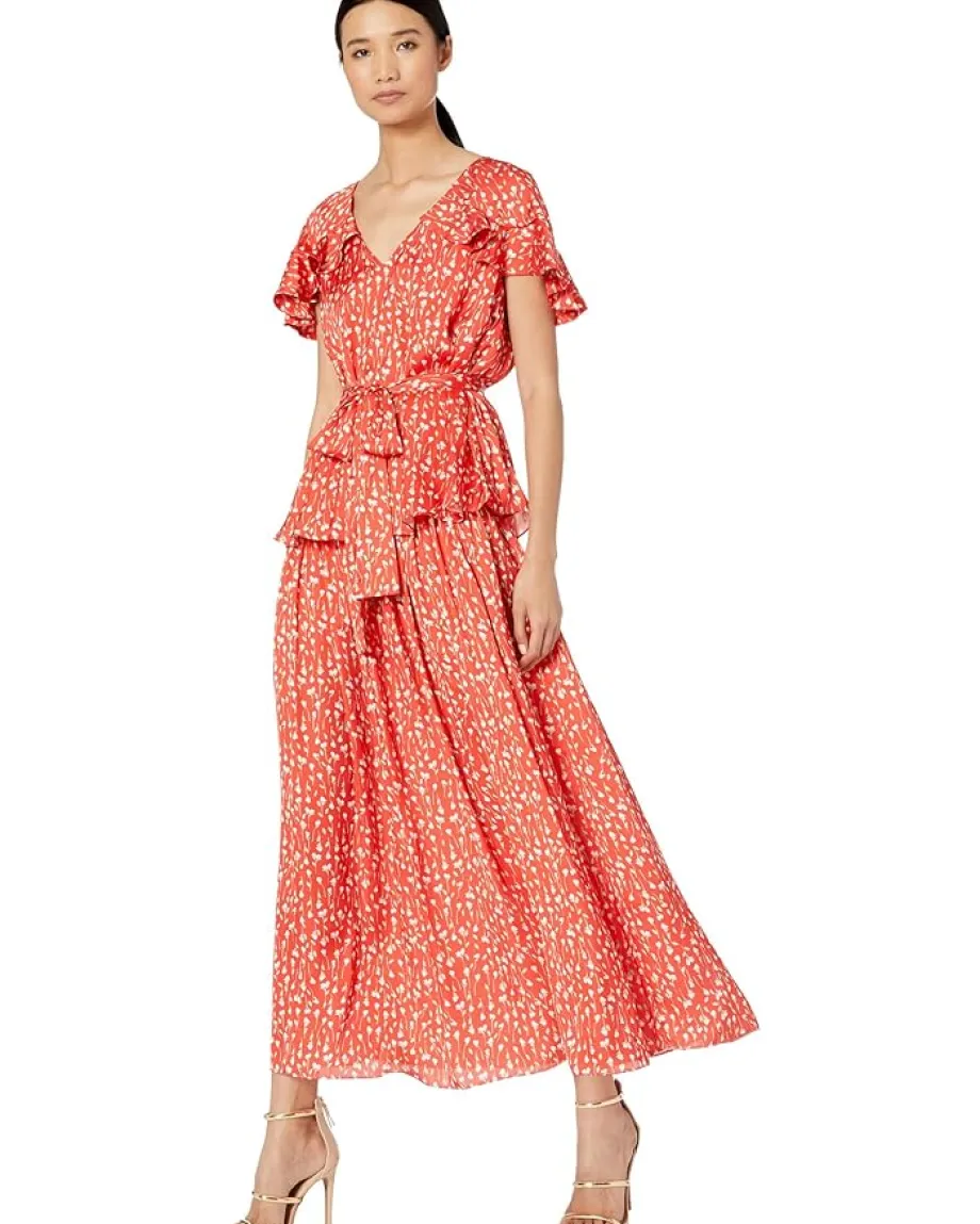 ML Monique Lhuillier Printed Top with Ruffled Sleeves Cayenne Multi Best