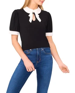 CeCe Puff Short Sleeve Contrast Collar & Bow Top Rich Black Online