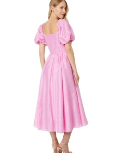 CeCe Puff Sleeve Button Down Midi Dress Peony Petal Hot