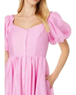 CeCe Puff Sleeve Button Down Midi Dress Peony Petal Hot