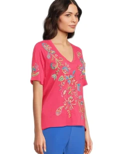 Johnny Was Raw Hem V-neck Tee - Karime Raspberry Sorbet Outlet
