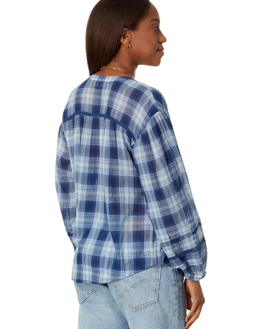 Lucky Brand Relaxed Button Through Blouse Medium Indigo Plaid