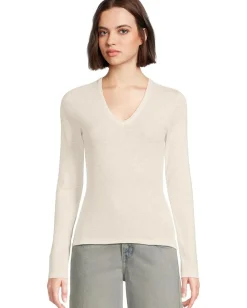 Lilla P Rib Slub Long Sleeve V-Neck Talc New