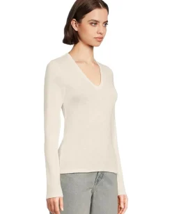 Lilla P Rib Slub Long Sleeve V-Neck Talc New