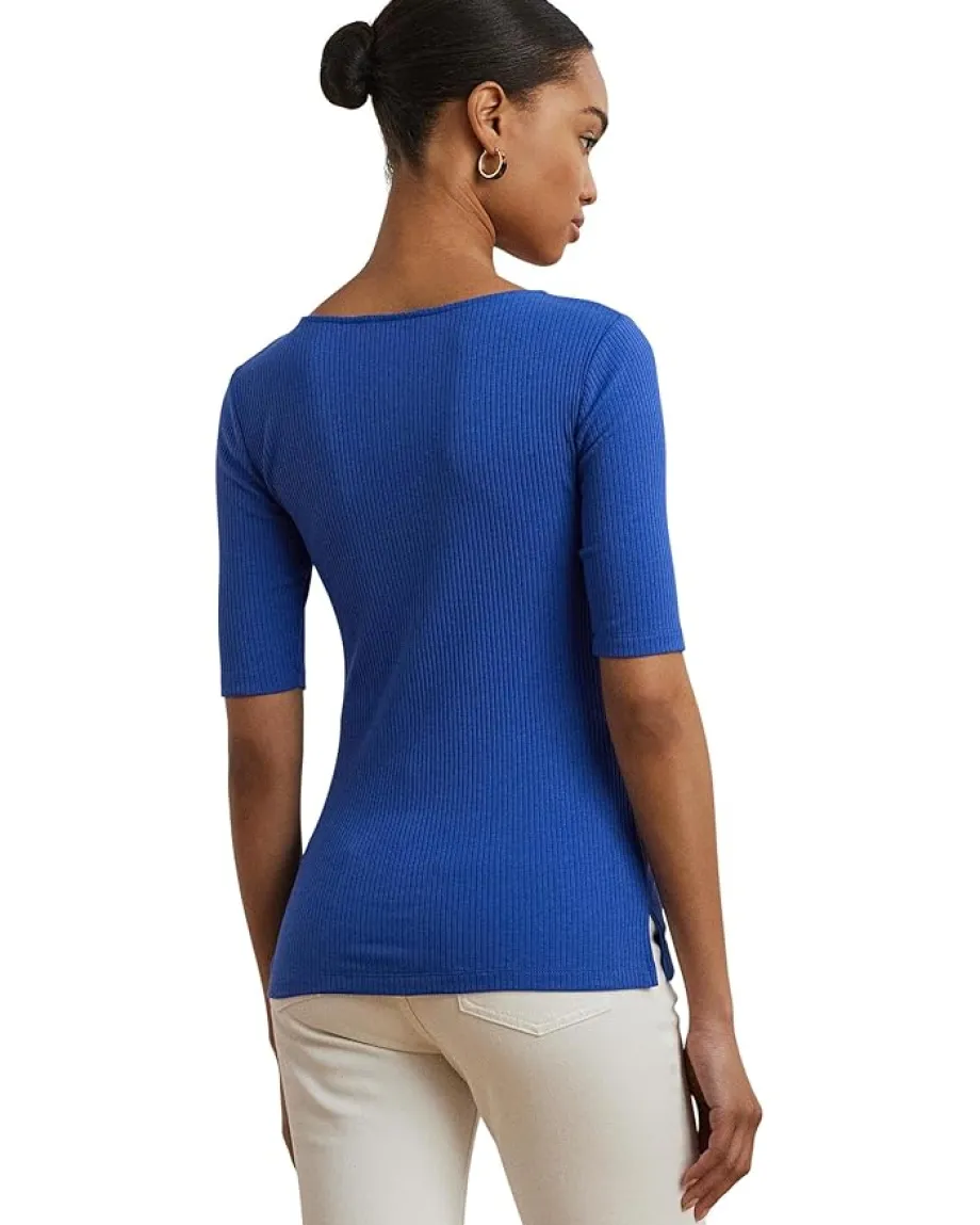 Women Lauren Ralph Lauren Rib-Knit Cotton-Blend Elbow-Sleeve Tee