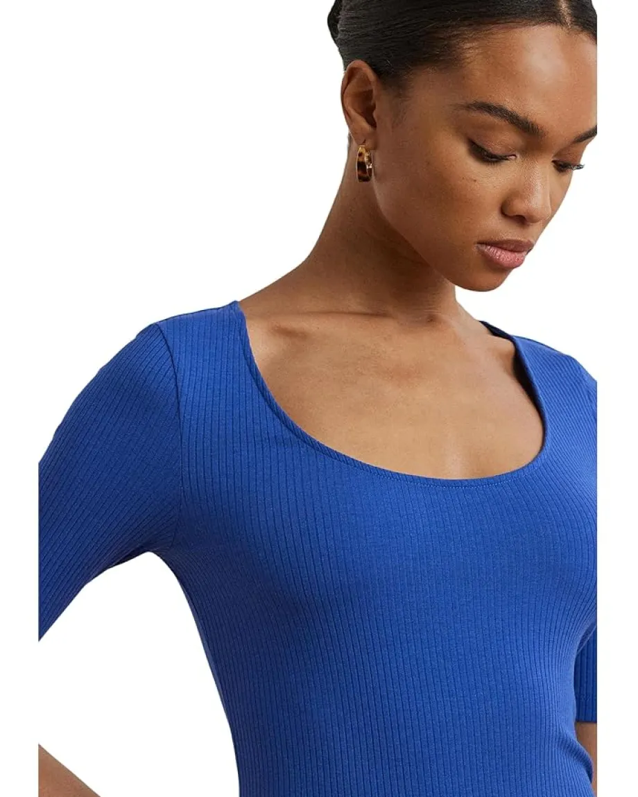 Women Lauren Ralph Lauren Rib-Knit Cotton-Blend Elbow-Sleeve Tee