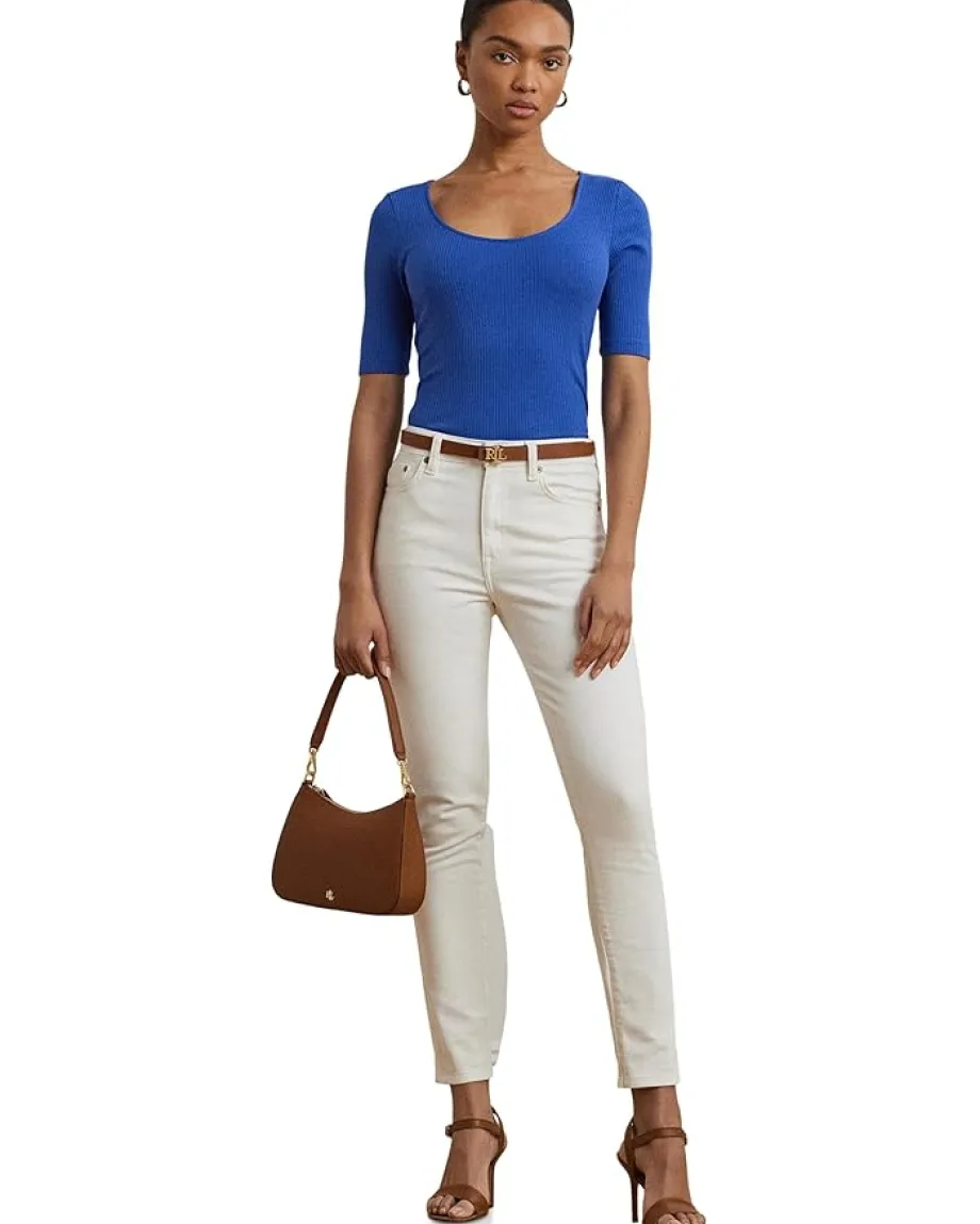 Women Lauren Ralph Lauren Rib-Knit Cotton-Blend Elbow-Sleeve Tee