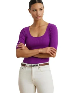 Lauren Ralph Lauren Rib-Knit Cotton-Blend Elbow-Sleeve Tee Purple Dawn Best