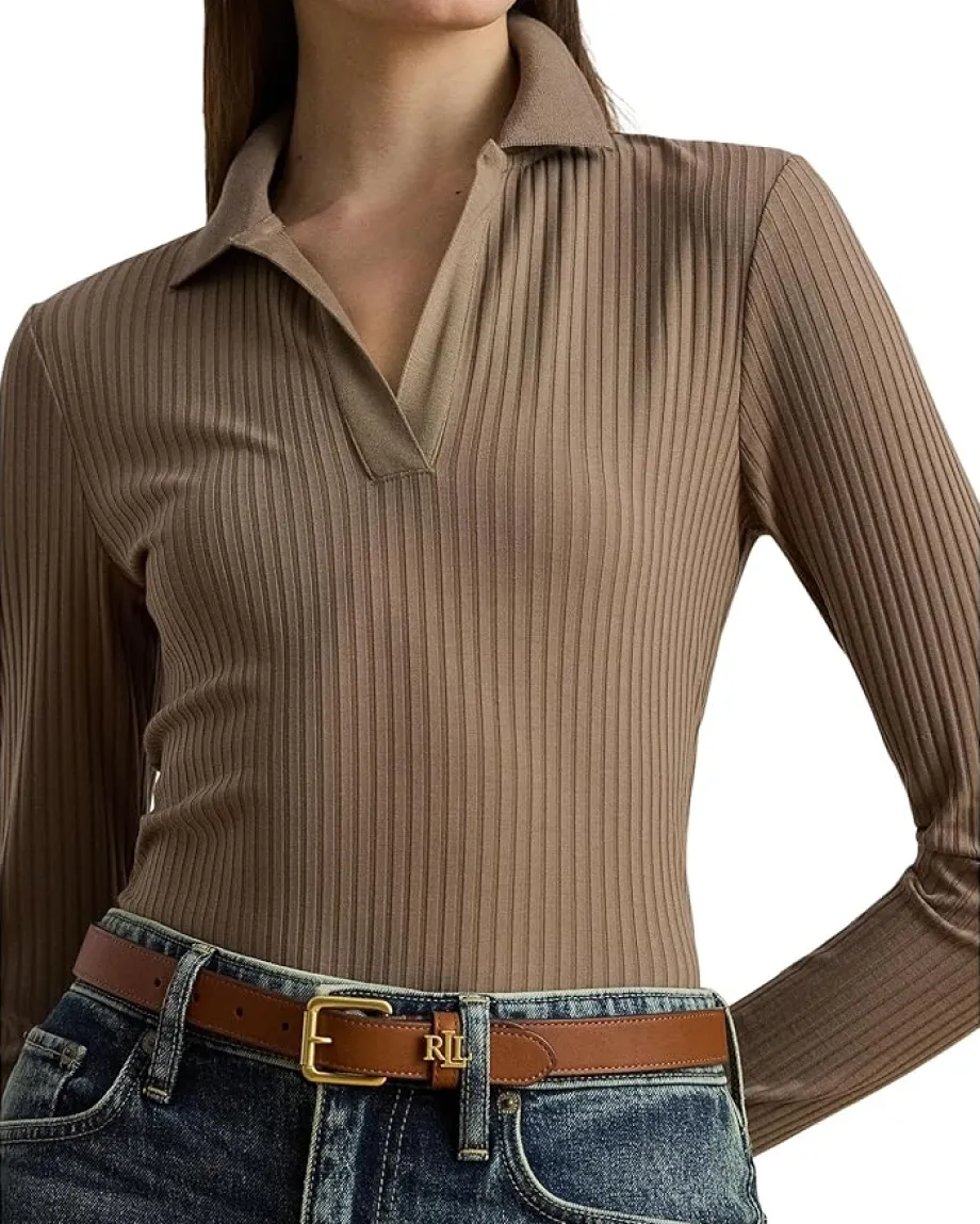 Lauren Ralph Lauren Rib-Knit Long-Sleeve Polo Top Taupe Brown Outlet