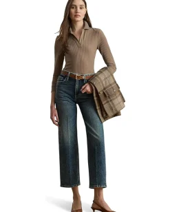 Lauren Ralph Lauren Rib-Knit Long-Sleeve Polo Top Taupe Brown Outlet