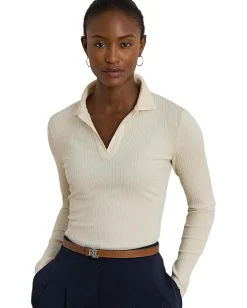 Lauren Ralph Lauren Rib-Knit Long-Sleeve Polo Top Mascarpone Cream