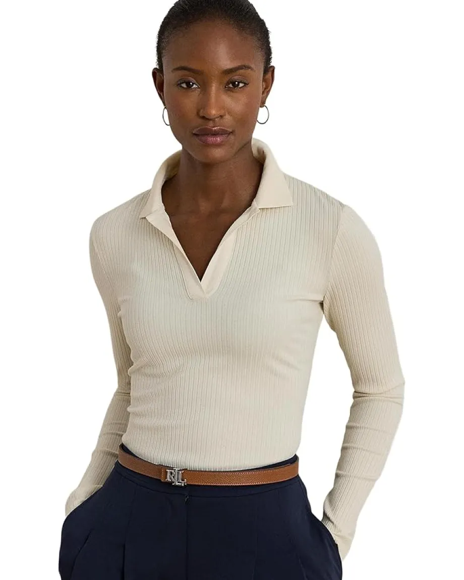 Lauren Ralph Lauren Rib-Knit Long-Sleeve Polo Top Mascarpone Cream
