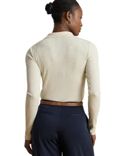 Lauren Ralph Lauren Rib-Knit Long-Sleeve Polo Top Mascarpone Cream