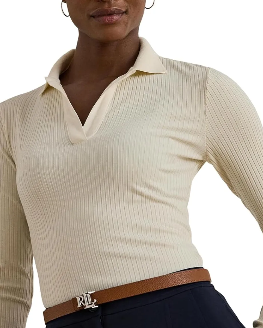 Lauren Ralph Lauren Rib-Knit Long-Sleeve Polo Top Mascarpone Cream