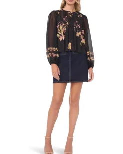 Vince Camuto Round Neck Shirring Front Long Rich Black Clearance