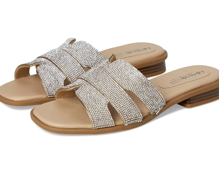 LifeStride Royalty Bling Slide Sandals Gold Metallic New