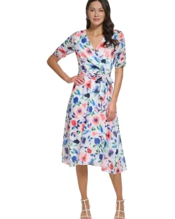 Women DKNY Ruched Sleeve V-Neck Faux Wrap Dress