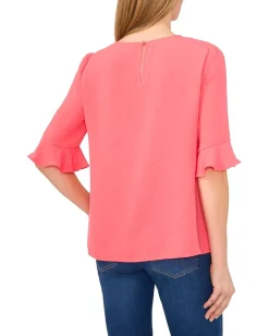 CeCe Ruffle Cuff Crew Neck Blouse Calypso Coral Online