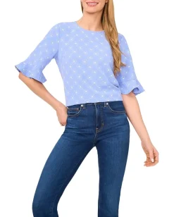 CeCe Ruffle Cuff Embroidered Crew Neck Top Blue Spritz Outlet