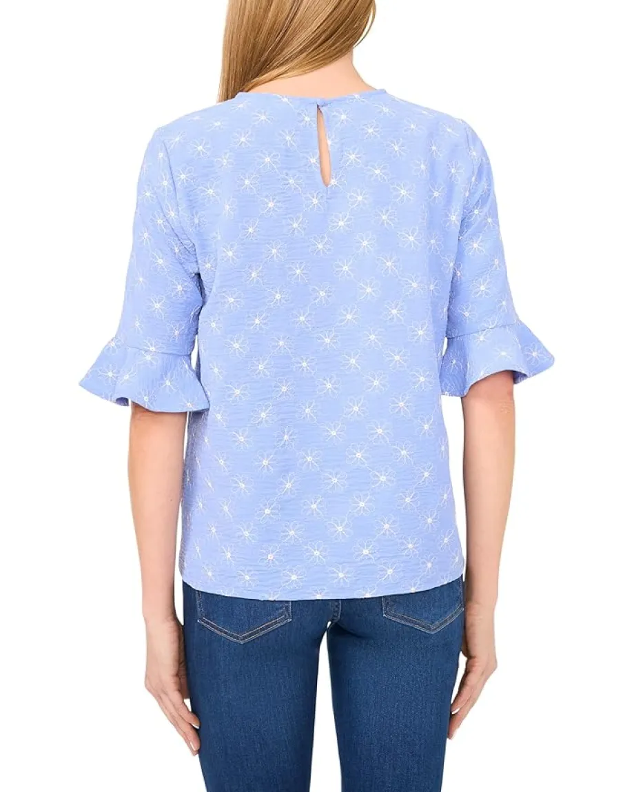 CeCe Ruffle Cuff Embroidered Crew Neck Top Blue Spritz Outlet