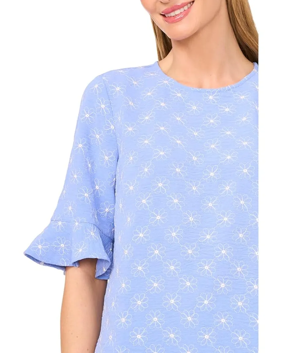 CeCe Ruffle Cuff Embroidered Crew Neck Top Blue Spritz Outlet