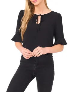 Women CeCe Ruffle Cuff Split Tie Neck Top