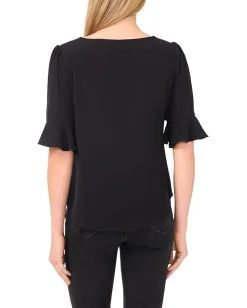 Women CeCe Ruffle Cuff Split Tie Neck Top