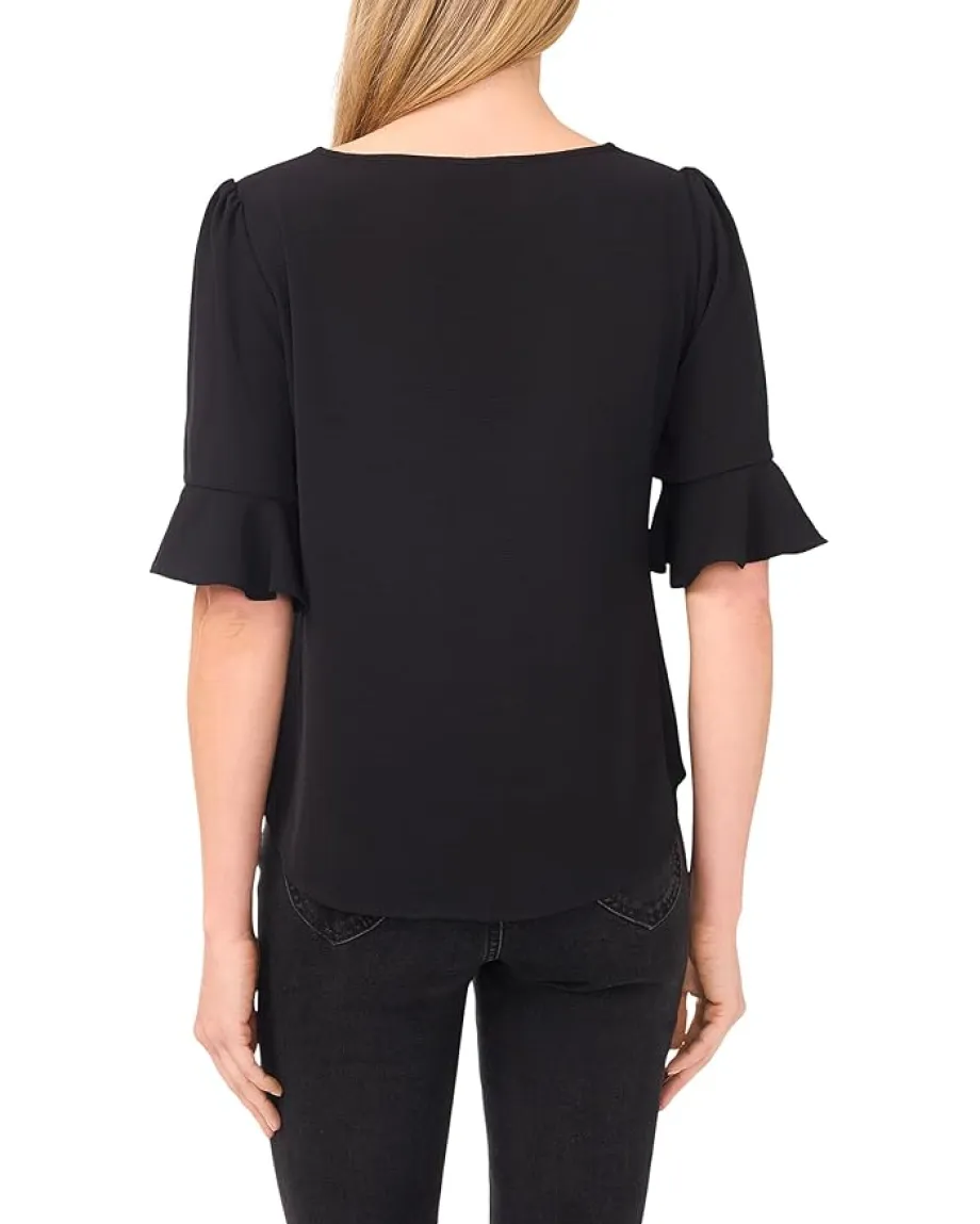 Women CeCe Ruffle Cuff Split Tie Neck Top